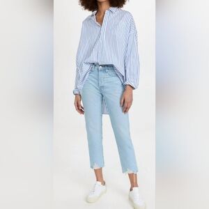 Edwin Hana Crop Calm Down Light Wash Ankle Jeans W/ Distressed Bottom